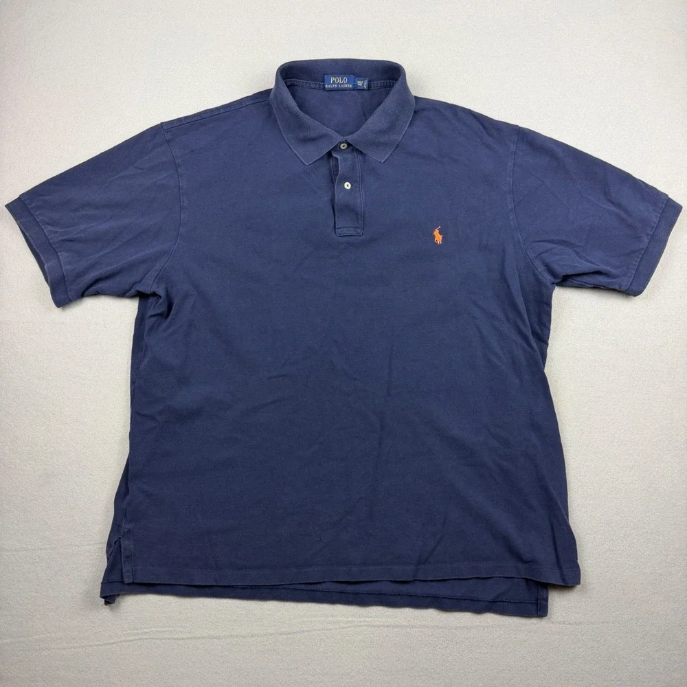 Polo Ralph Lauren Men 2XLT Navy Blue Short Sleeve Pique Polo Shirt Orange Pony